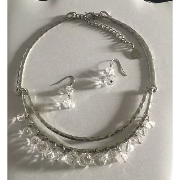 New~Silver Faceted Crystal Double Drop Beads ChaCha Choker Necklace/Earring Set - Picture 1 of 2
